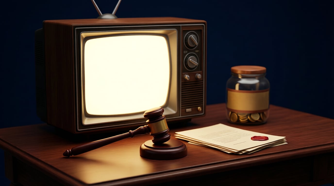 Illustration of a vintage television with a blank glowing screen on a wooden table, with a gavel, a stack of papers with a red wax seal and a jar of coins