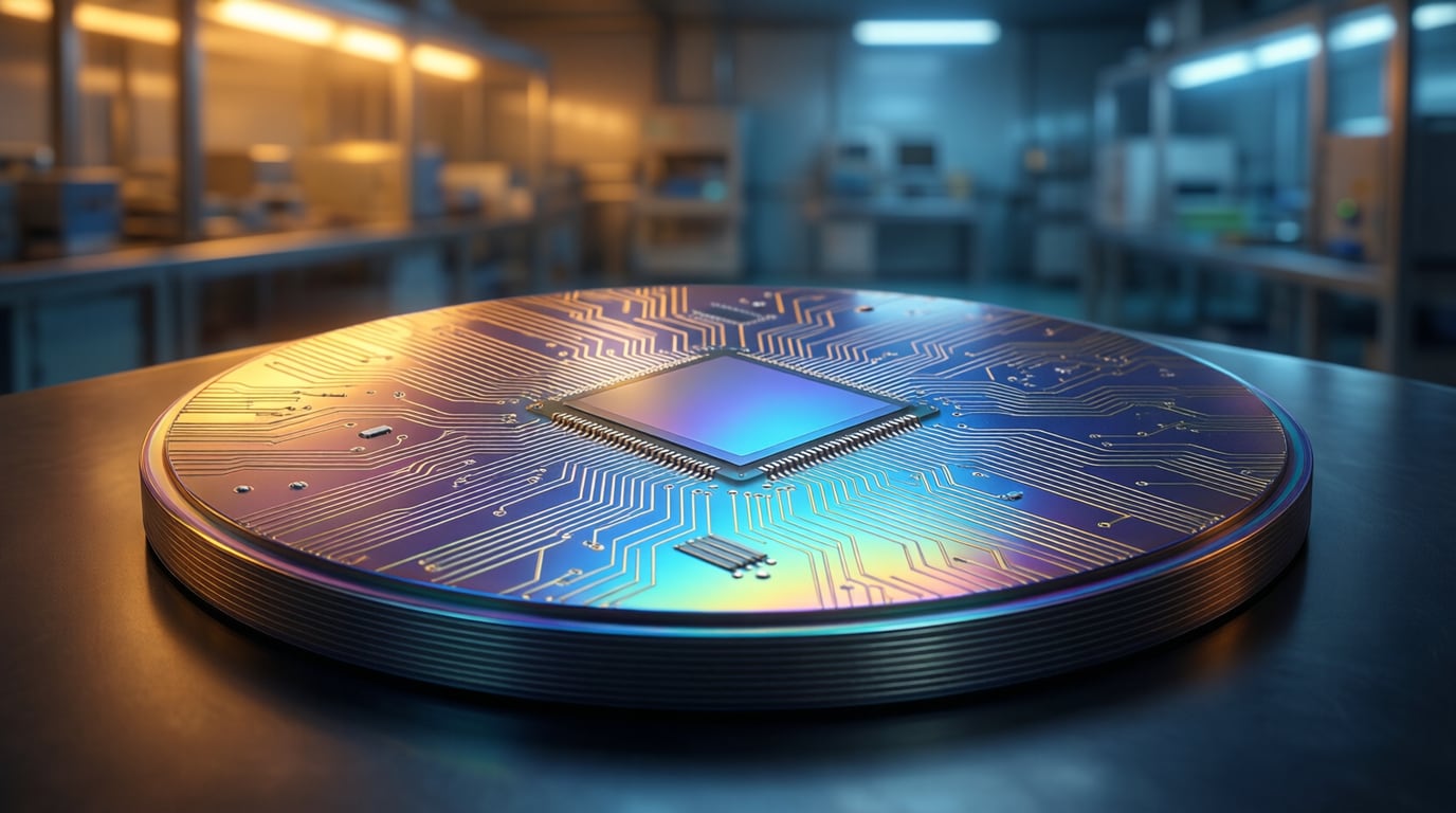 Illustration of a polished silicon wafer with iridescent chip patterns on a dark surface in a cleanroom with soft amber and blue lights
