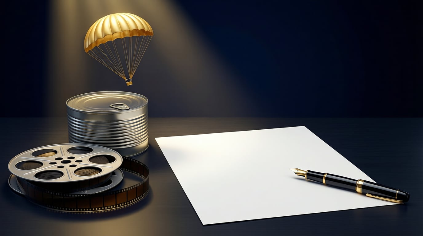 Illustration of a metal can and a film reel beside a blank sheet of paper and a fountain pen, with a small golden parachute floating above