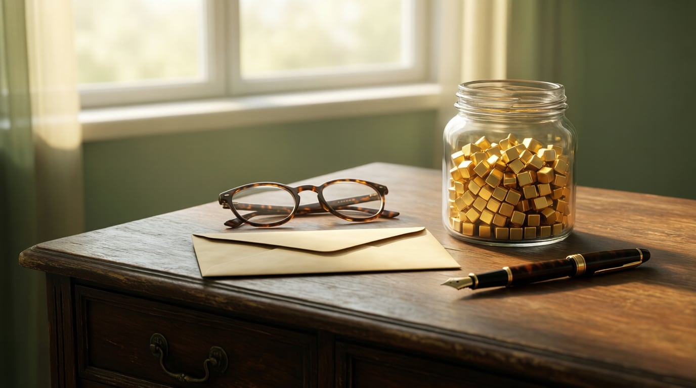 Illustration of a wooden desk by a window with a plain envelope, reading glasses, a fountain pen and a glass jar of small gold cubes