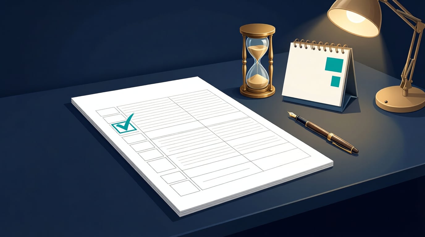 Illustration of a blank paper form with empty table rows and one ticked checkbox, beside a brass hourglass, a desk calendar with two highlighted squares, a fountain pen and a desk lamp on a navy desk