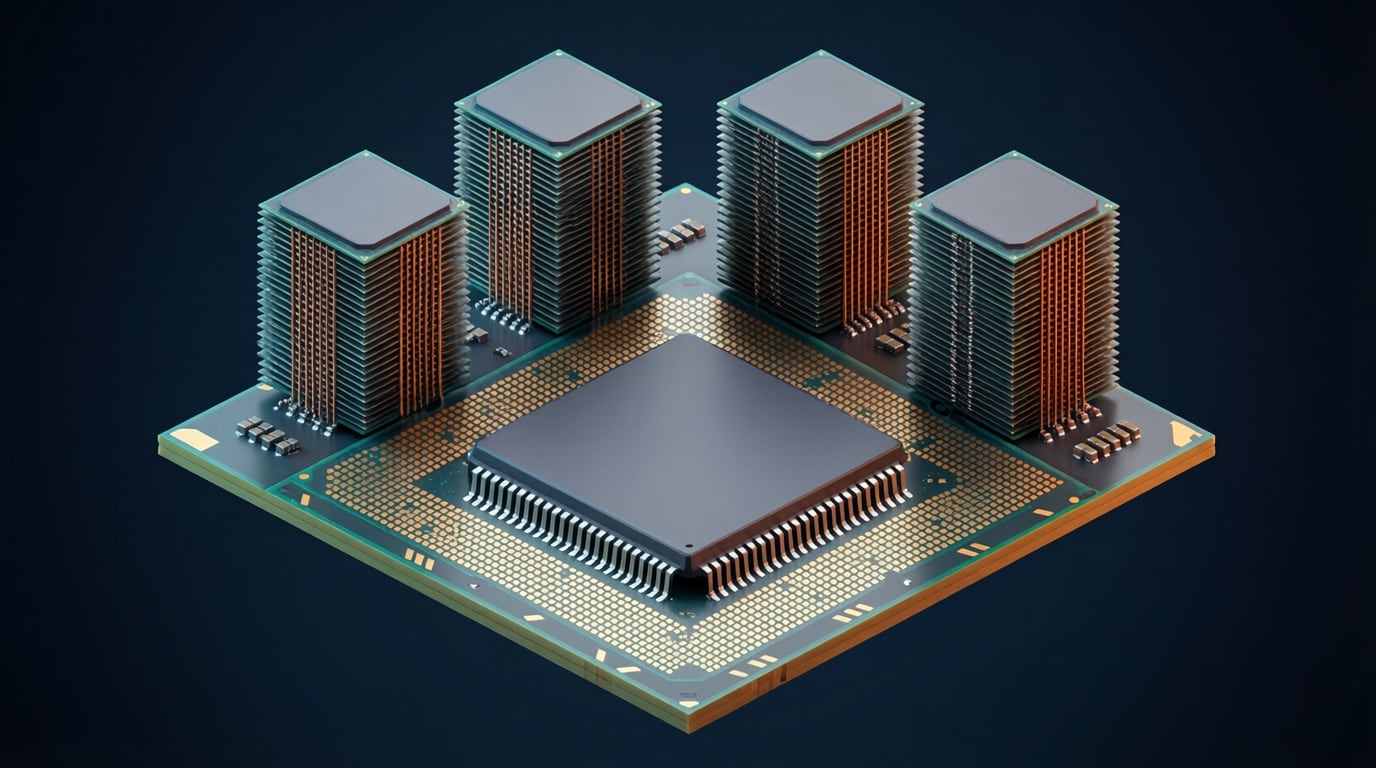 Illustration of four tall stacks of thin memory dies with copper vertical connections, standing behind a larger square processor die on a chip package, on a dark navy background