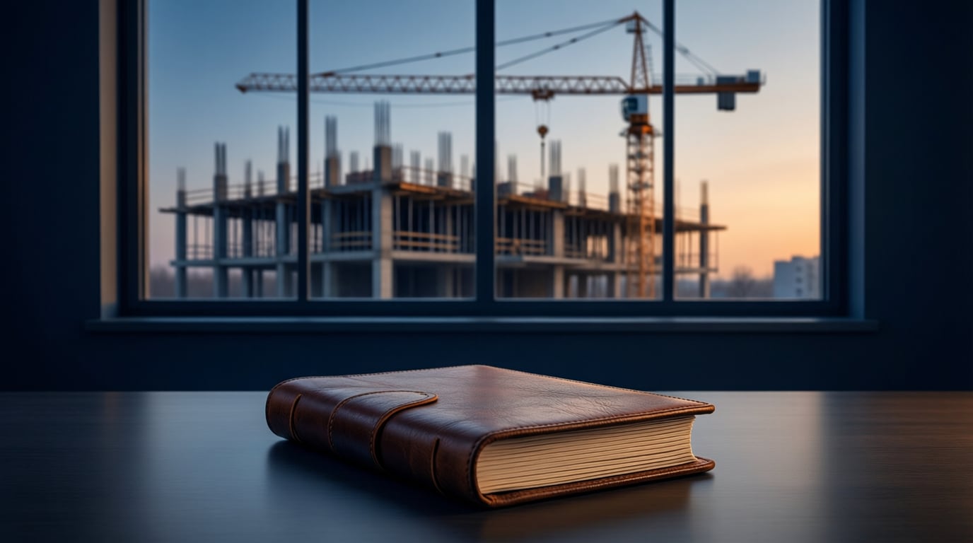 Illustration of a closed leather ledger on a dark desk in front of a window showing a building under construction and a tower crane at dusk