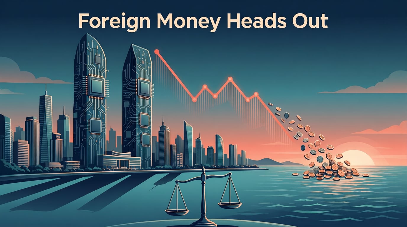 Illustration of a chip-themed city skyline, a falling line chart and coins flowing out to sea, titled 'Foreign money heads out'