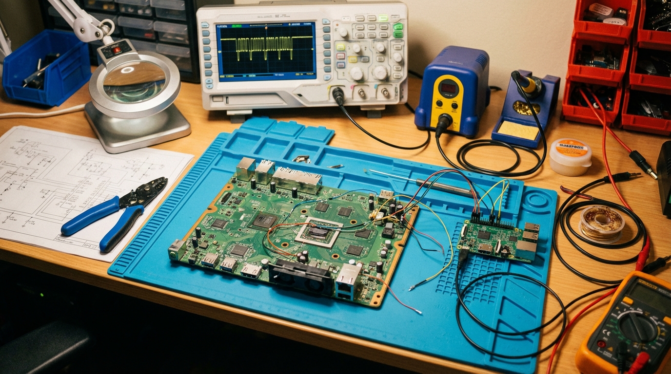 Bench hardware for voltage glitching: probing, power manipulation, and instrumentation typical of fault-injection research