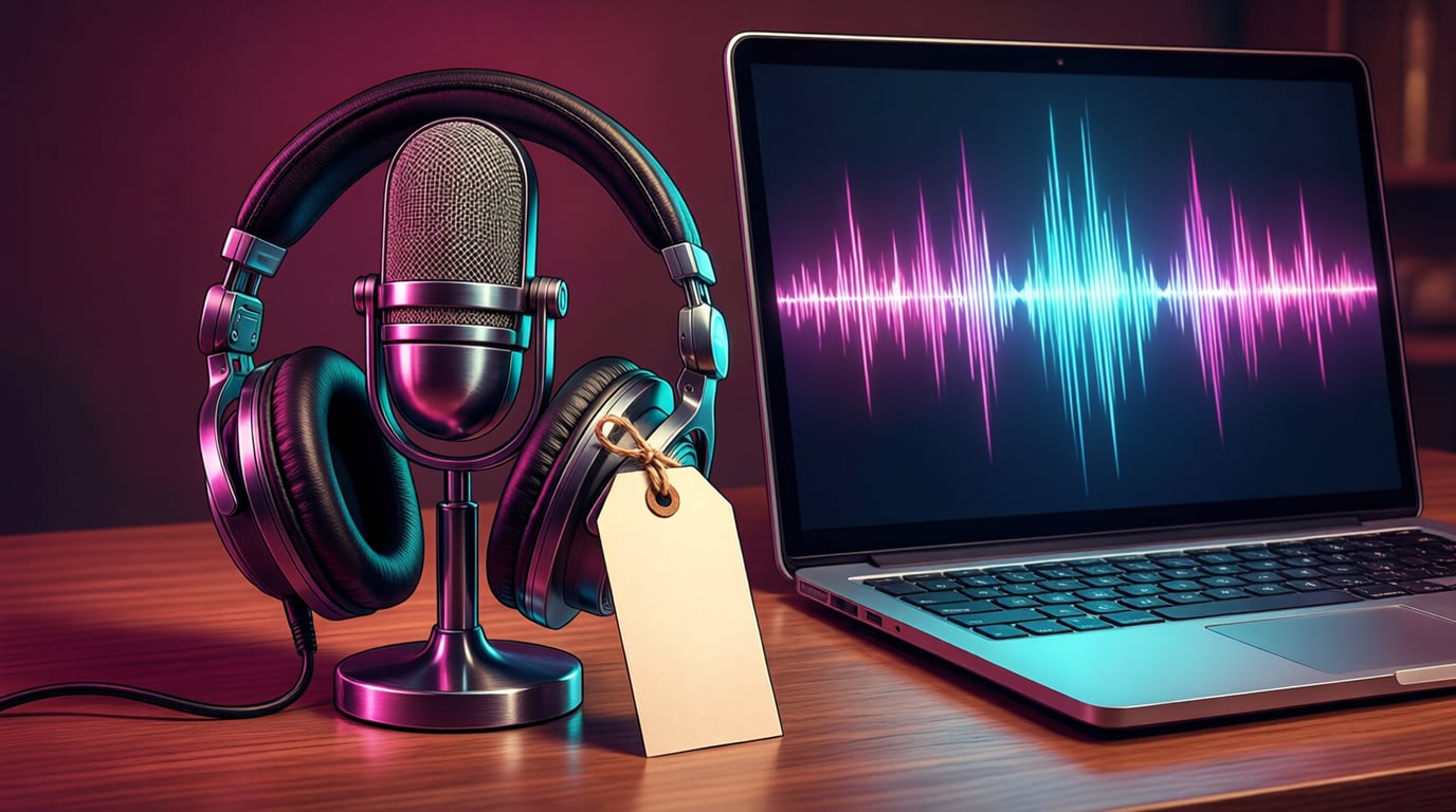 Illustration of studio headphones and a vintage microphone with a blank paper tag beside a laptop showing a glowing sound waveform